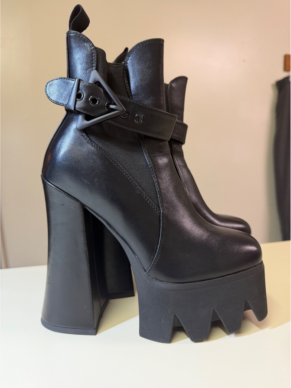 Black Platform High Heel Ankle Boots with Buckle Strap